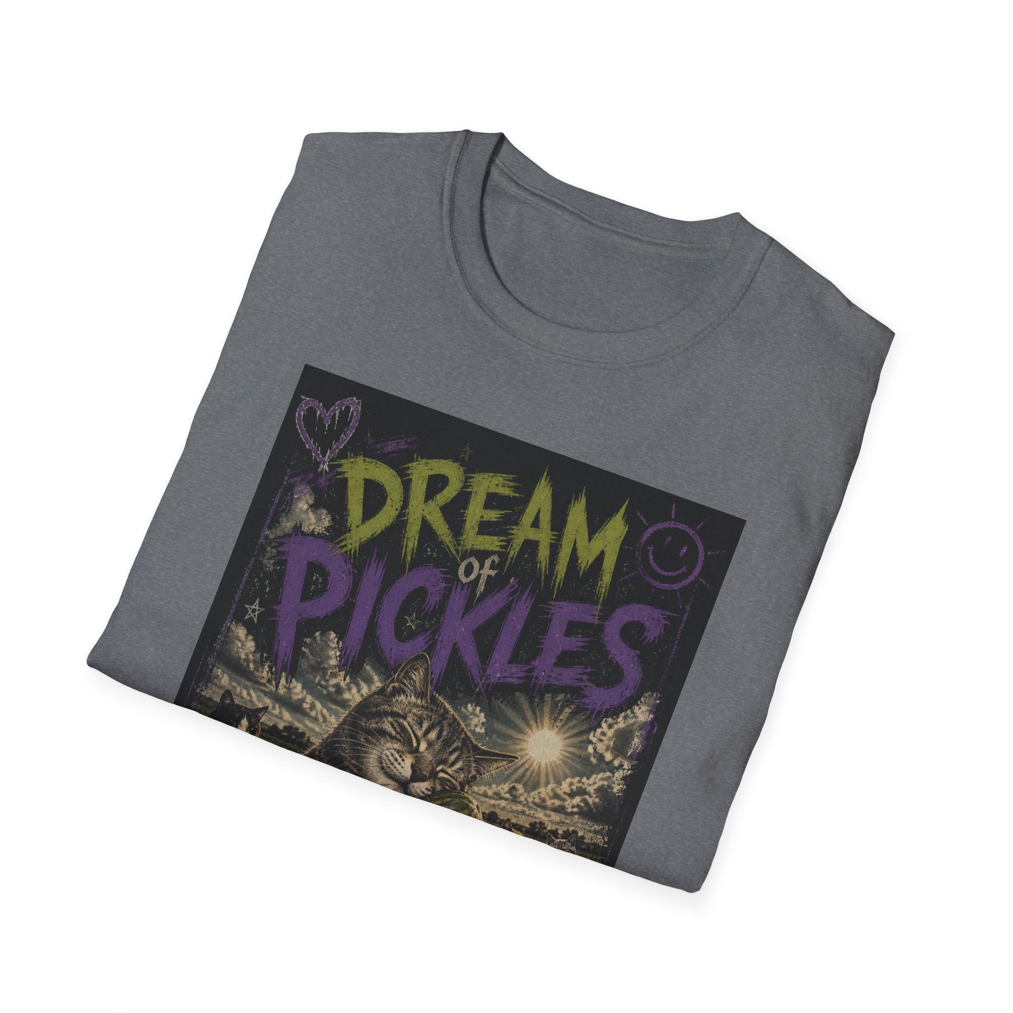 Dream of Pickles cat illustration T-Shirt | whimsical night scene, purple text