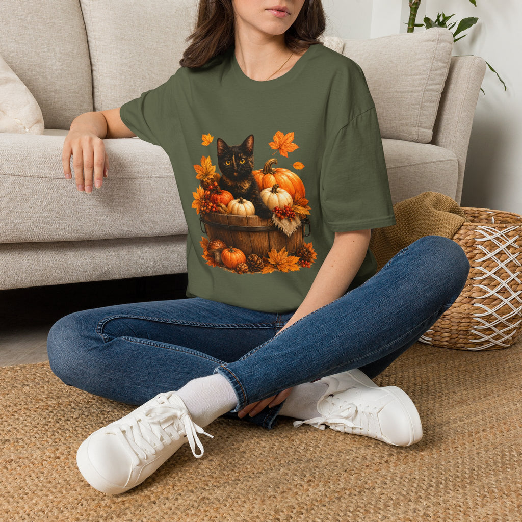 Black Kitten with Pumpkins T-Shirt | Autumn Fall Cat Pumpkin Shirt