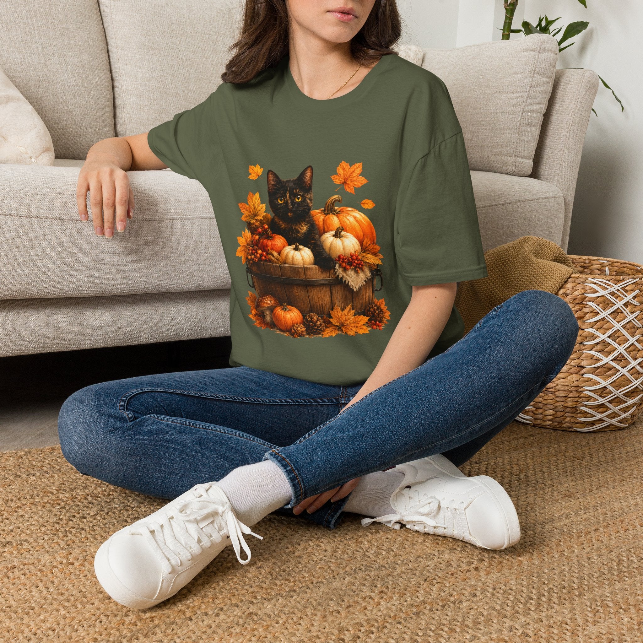 Black Kitten with Pumpkins T-Shirt | Autumn Fall Cat Pumpkin Shirt