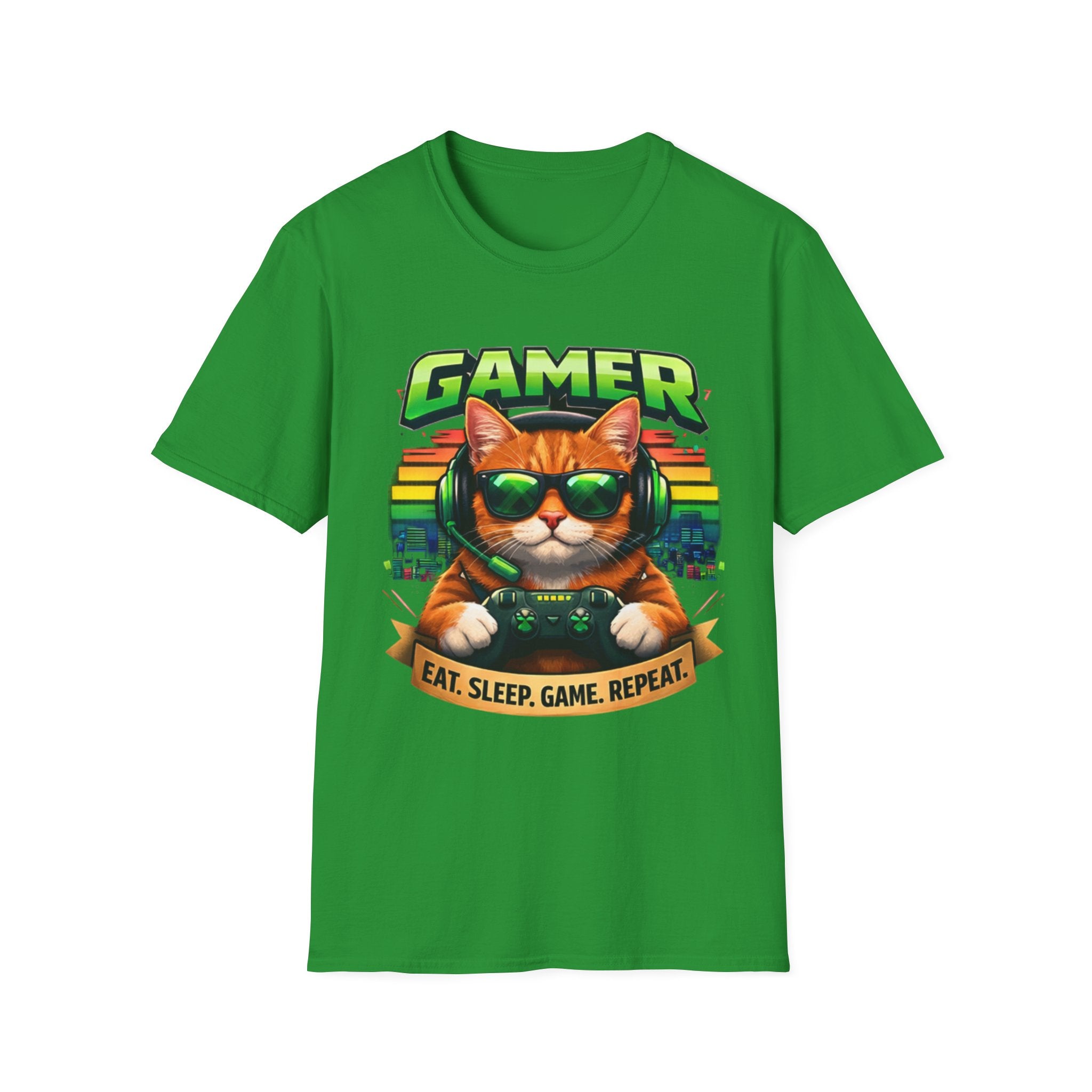 Gamer Cat with Controller T-Shirt | Eat Sleep Game Repeat