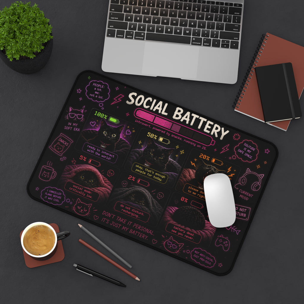 Social Battery Chart Desk Mat | Cat Battery Levels, Cute Mood Tracker