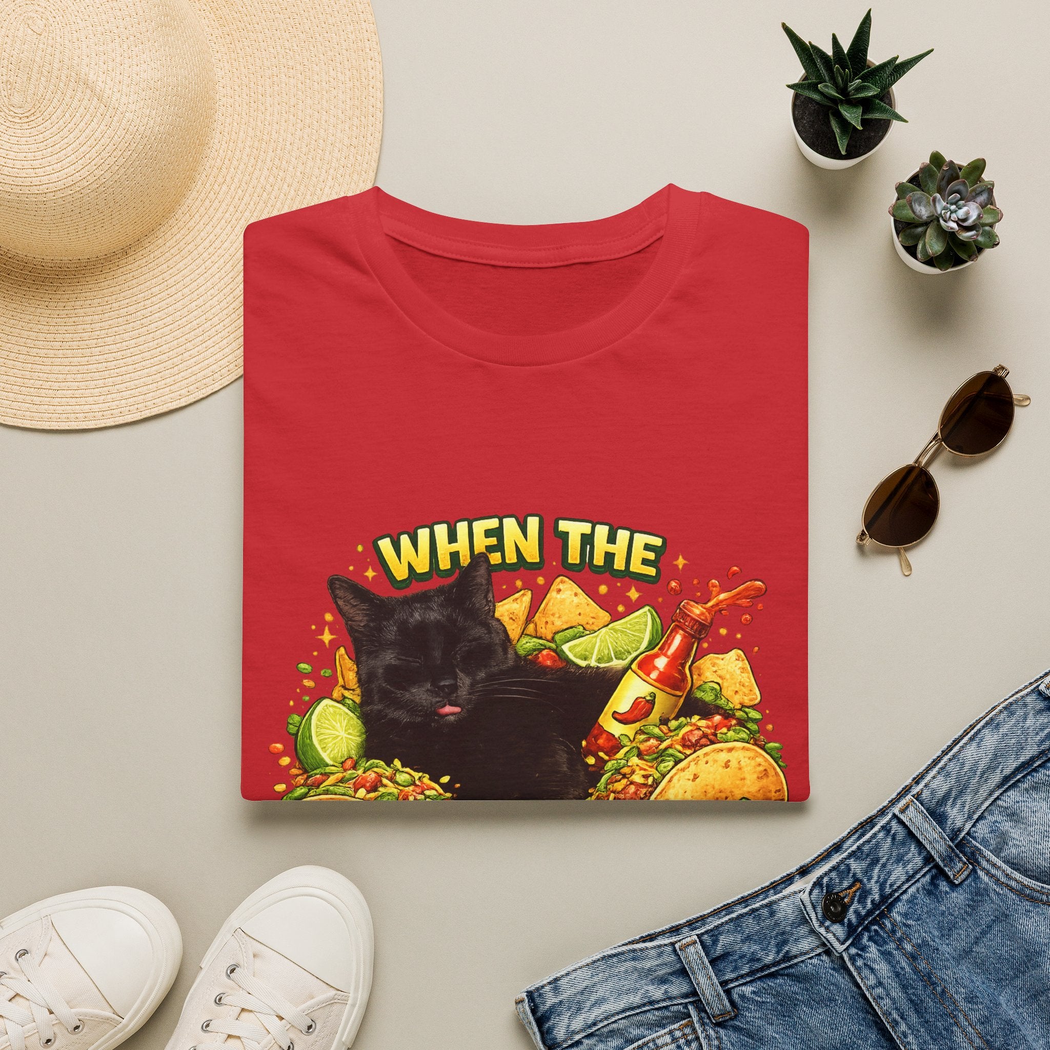 When The Tacos Hit T-Shirt | Cat, Tacos, Hot Sauce, Funny Food Graphic