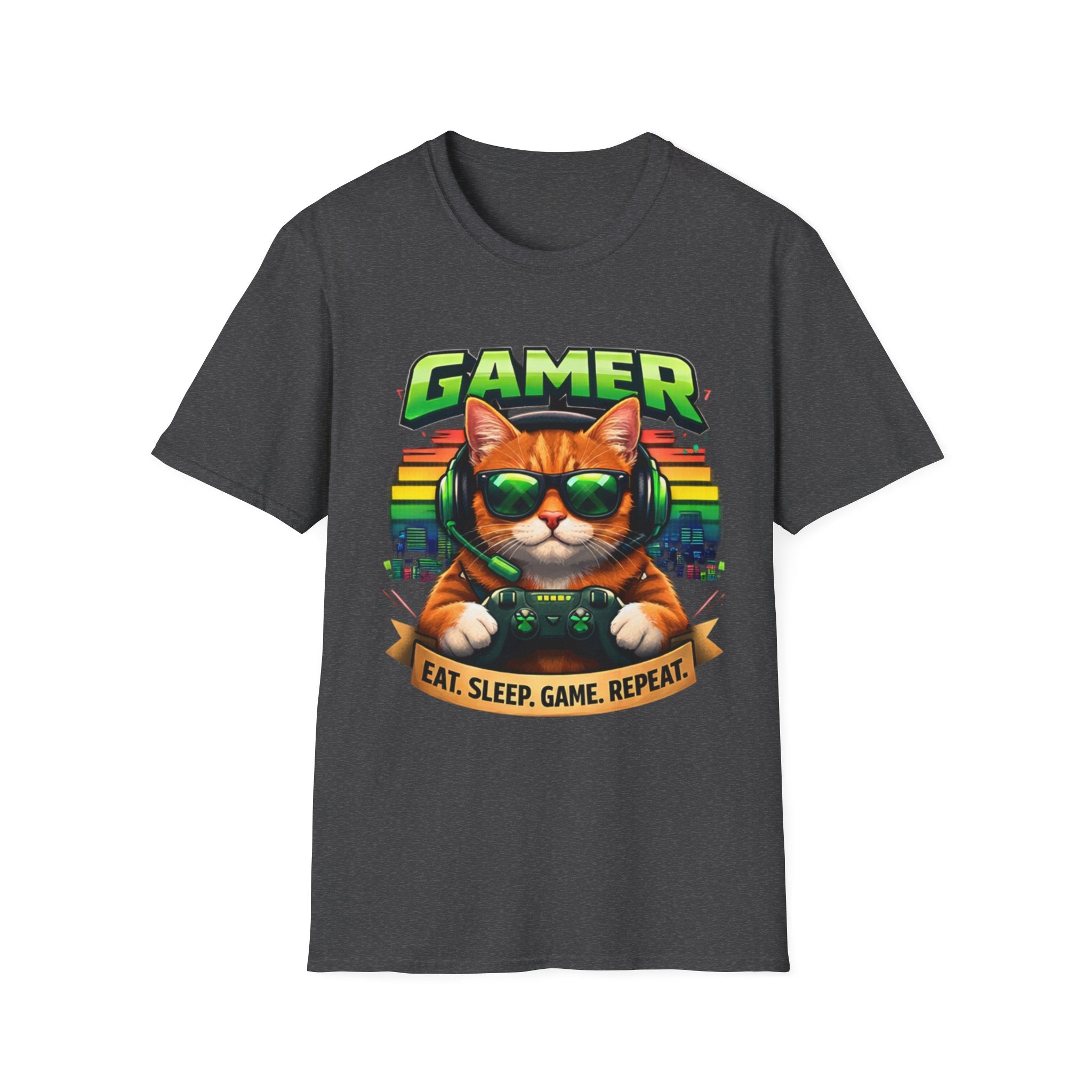 Gamer Cat with Controller T-Shirt | Eat Sleep Game Repeat