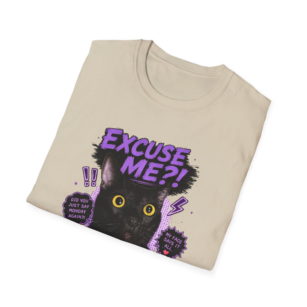 Excuse Me?! Black Cat Graphic T-Shirt | Retro Purple Horror Pop Art