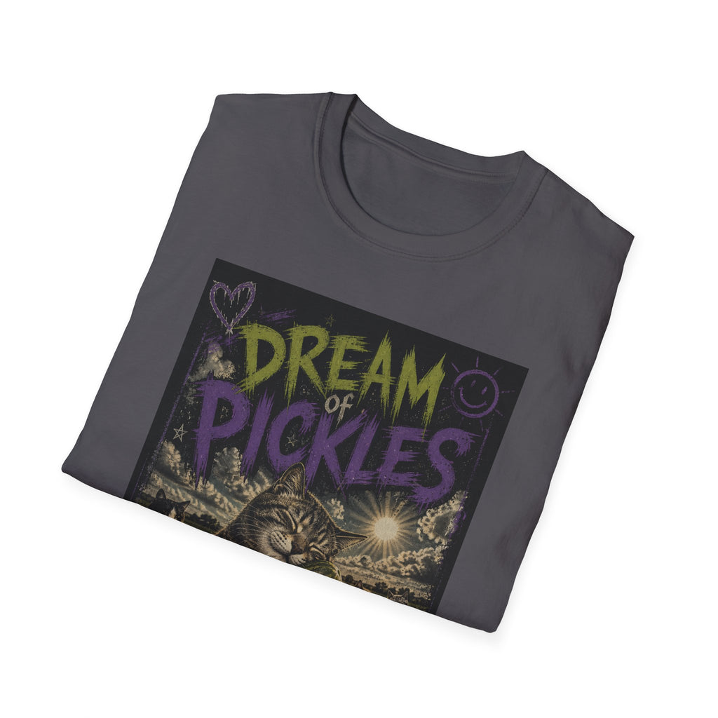 Dream of Pickles cat illustration T-Shirt | whimsical night scene, purple text