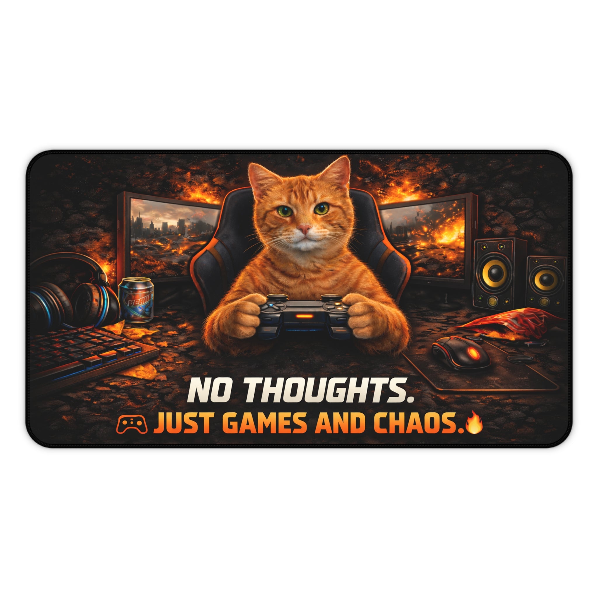 Gamer Cat Playing Controller Desk Mat | No Thoughts Just Games and Chaos