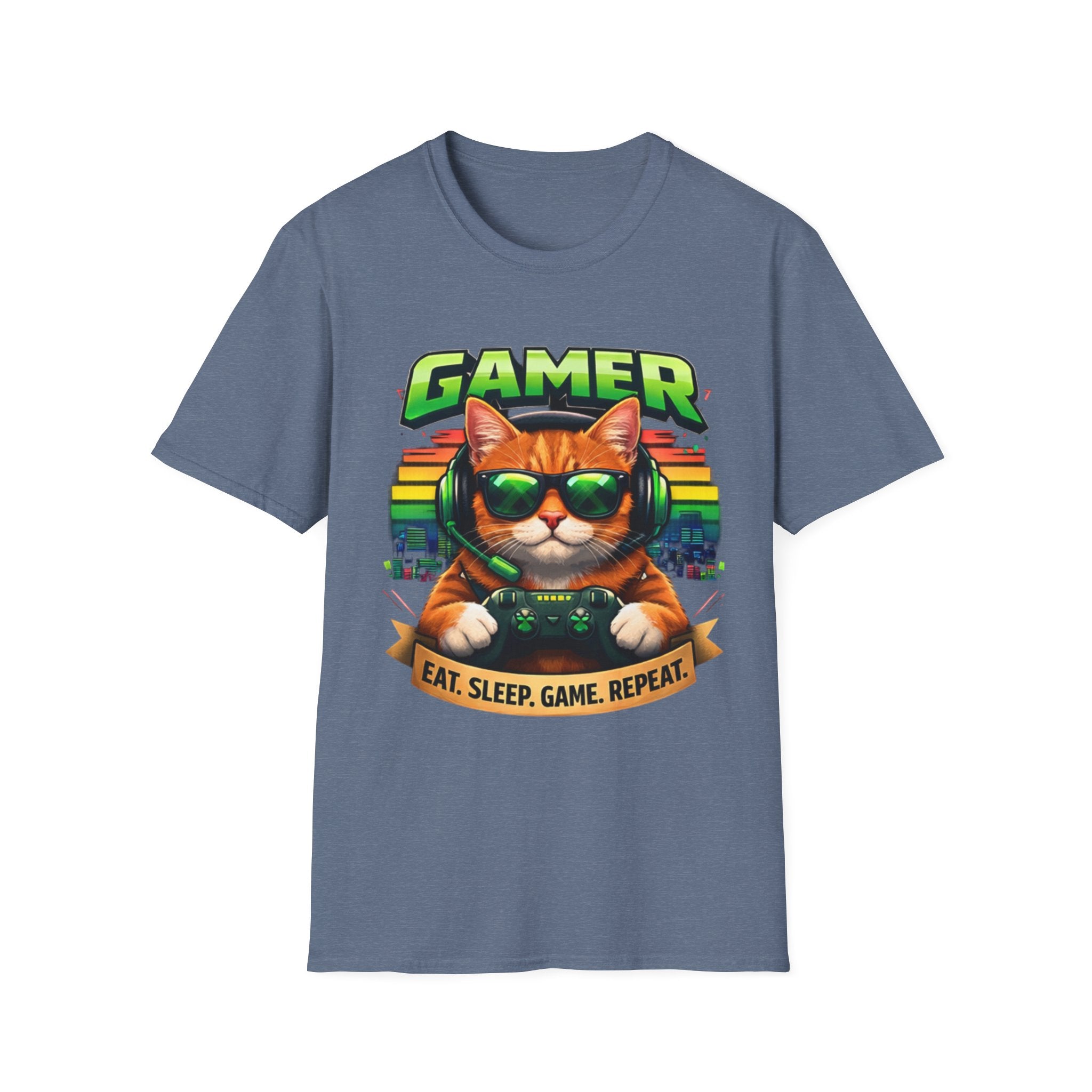 Gamer Cat with Controller T-Shirt | Eat Sleep Game Repeat