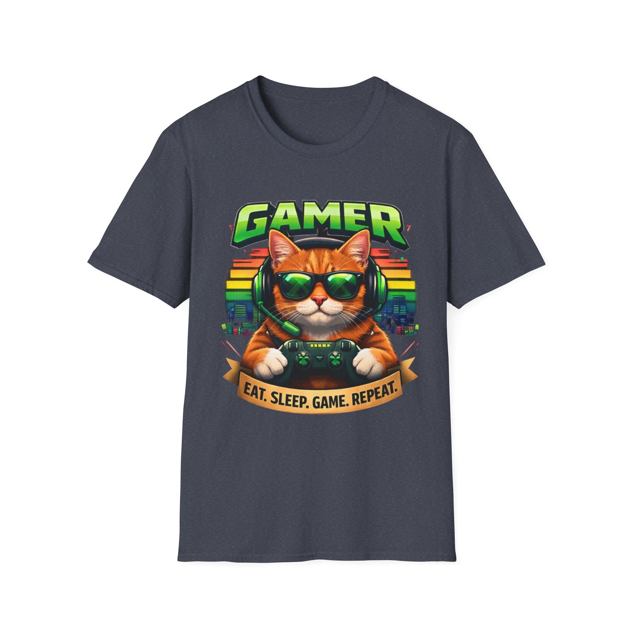 Gamer Cat with Controller T-Shirt | Eat Sleep Game Repeat