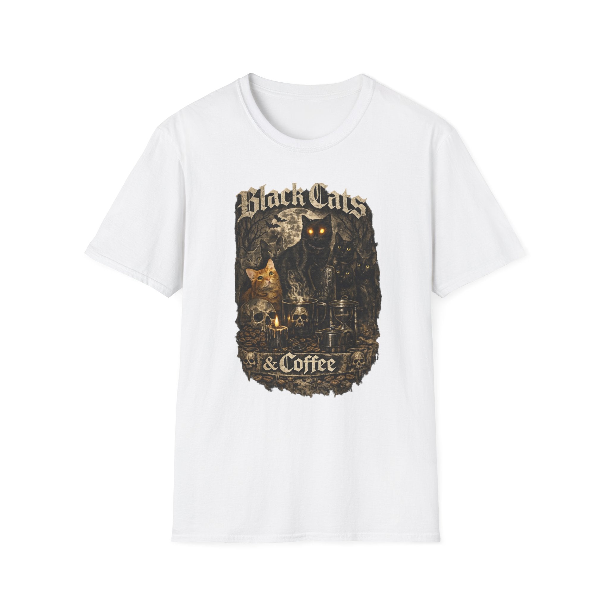 Black Cats & Coffee T-Shirt | Vintage Gothic Cat Illustration, Coffee Lover