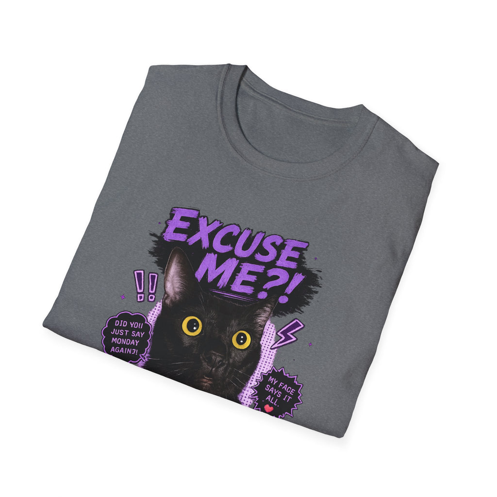 Excuse Me?! Black Cat Graphic T-Shirt | Retro Purple Horror Pop Art