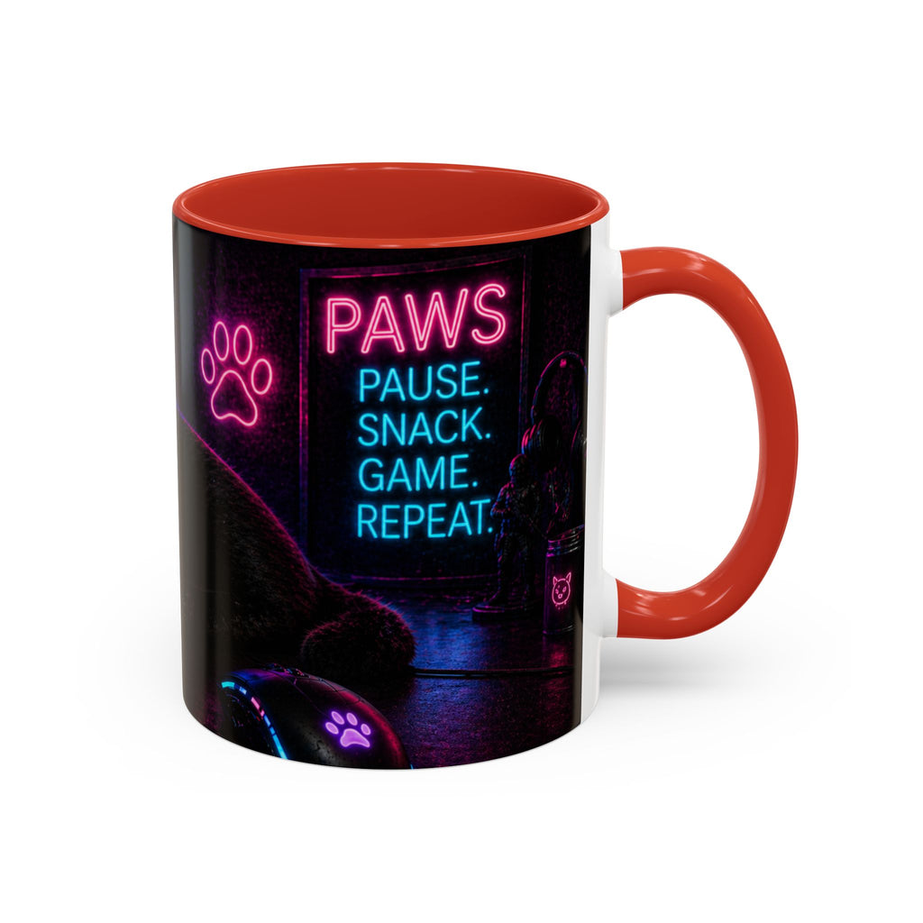 PAWS Pause Snack Game Repeat Cat Coffee Mug | Neon Gaming Cat Mug