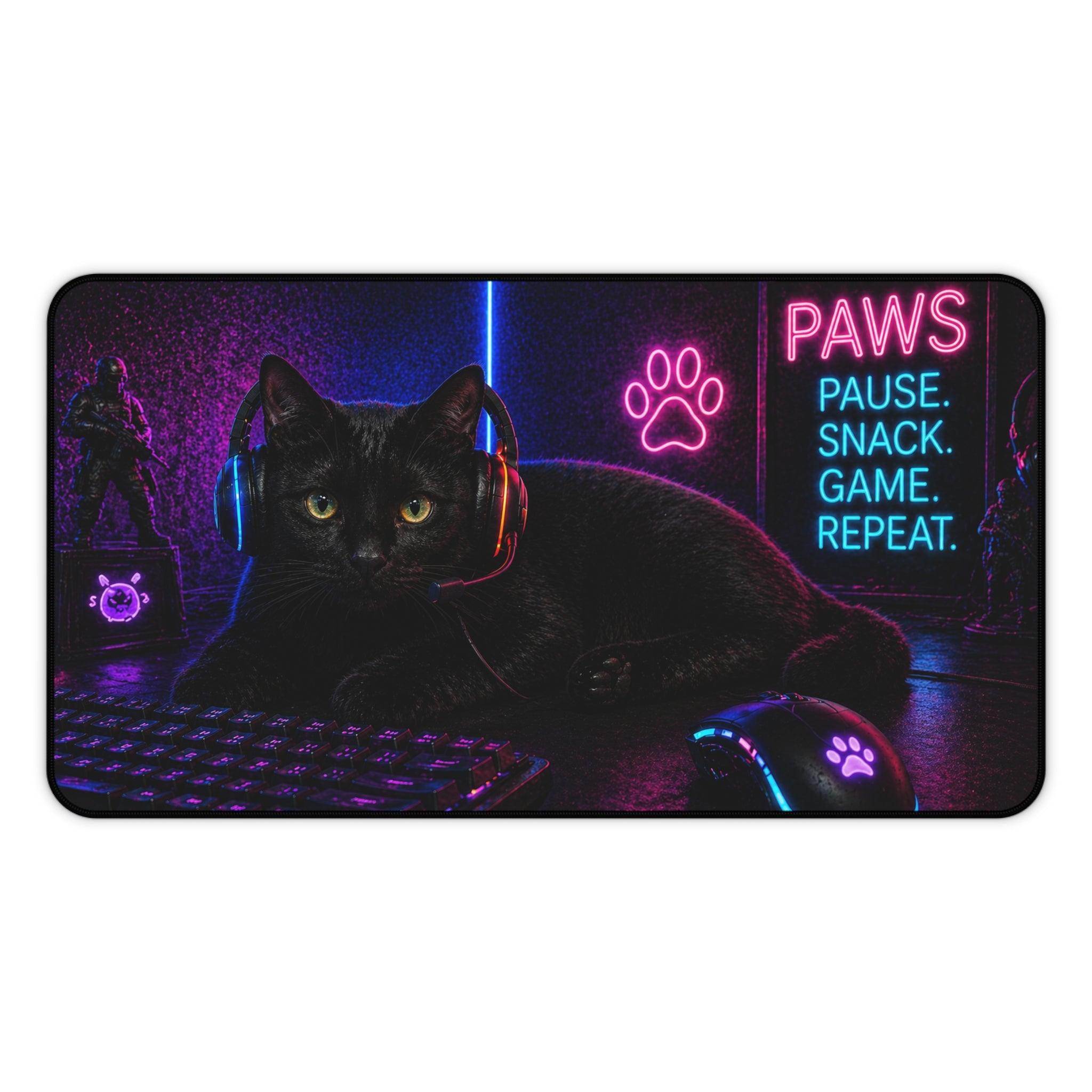 Paws Pause Snack Game Repeat Black Cat Desk Mat | Gaming Mouse Pad