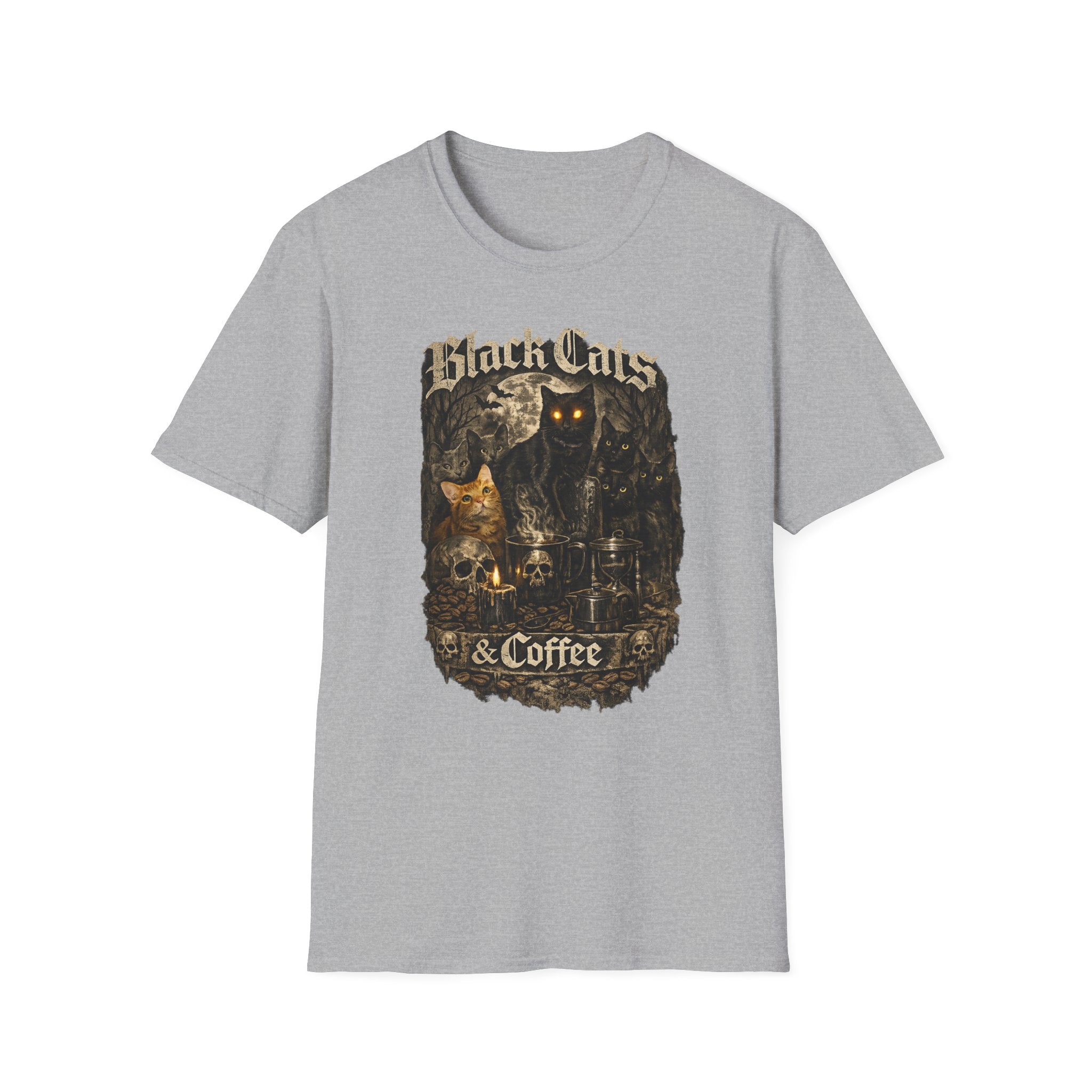 Black Cats & Coffee T-Shirt | Vintage Gothic Cat Illustration, Coffee Lover