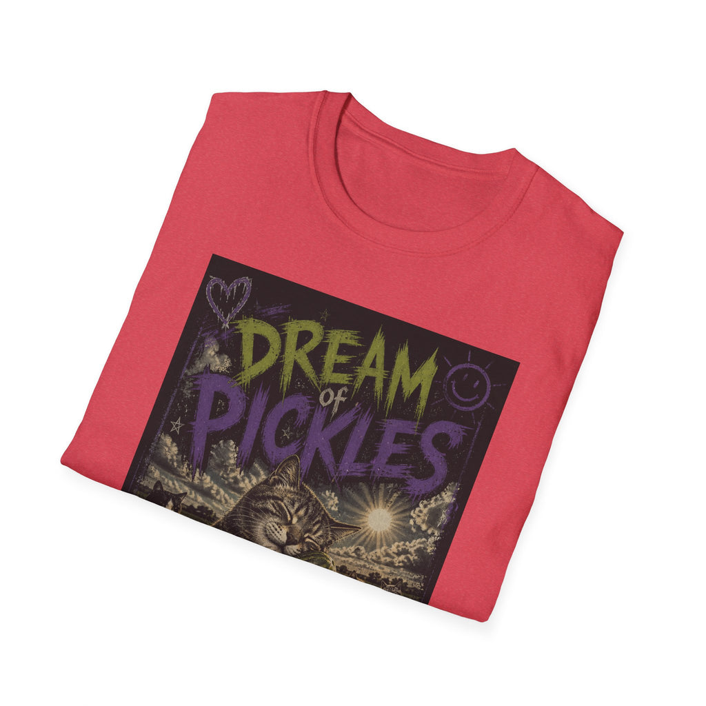 Dream of Pickles cat illustration T-Shirt | whimsical night scene, purple text