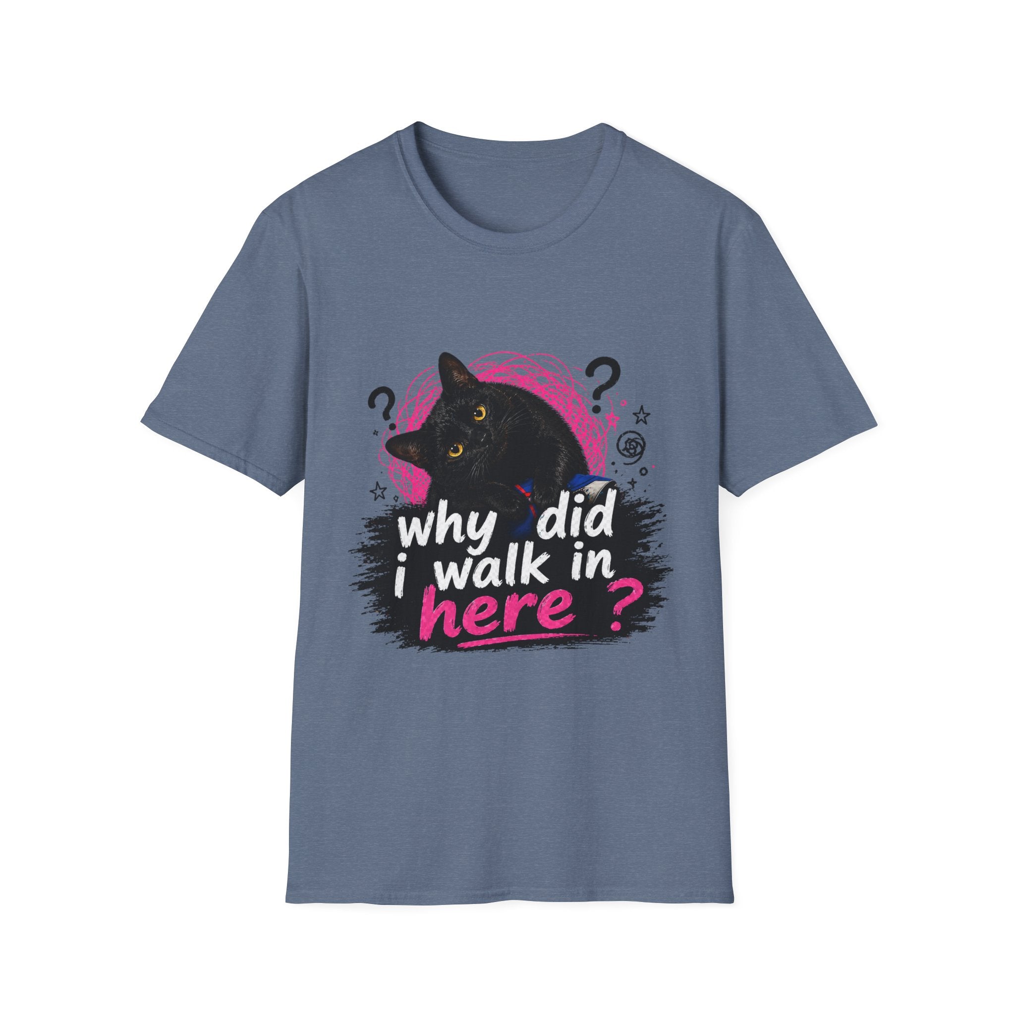 Confused Black Cat why did I walk in here? T-Shirt | Cat Humor Tee
