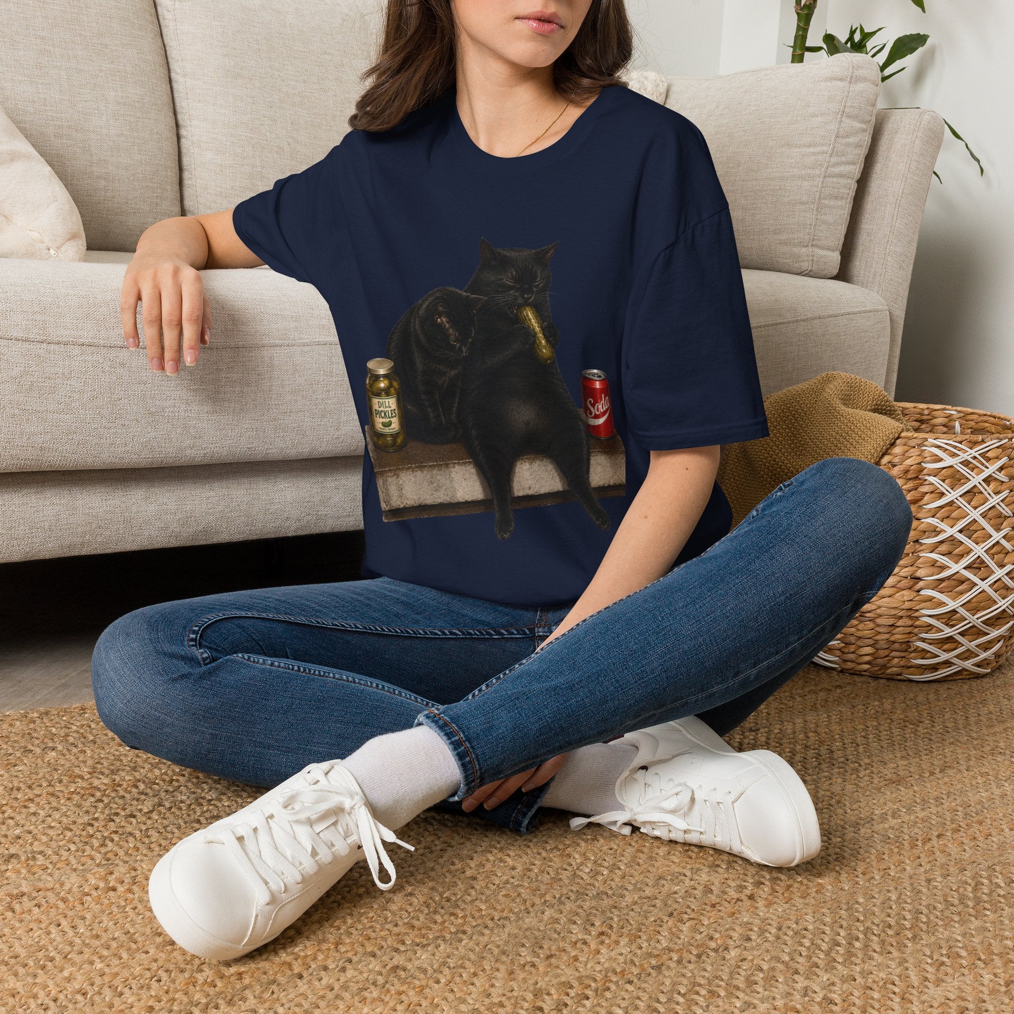 Black Cat Sitting with Drinks T-Shirt | Funny Cat Illustration