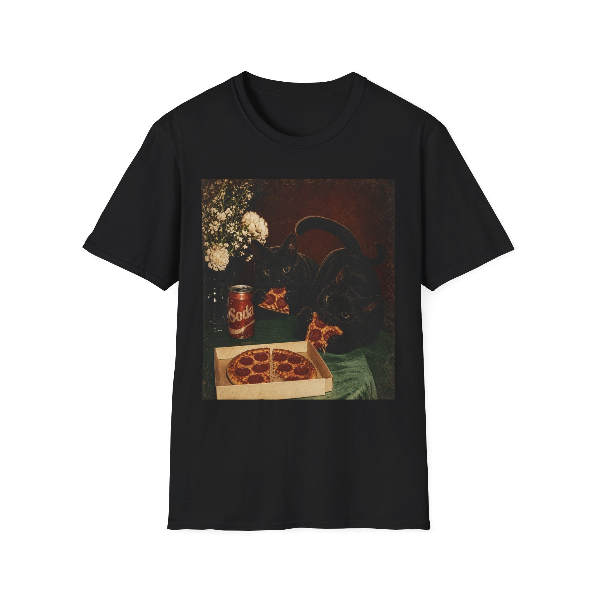 Black Cat Still Life T-Shirt | Vintage Floral, Candlelit Table