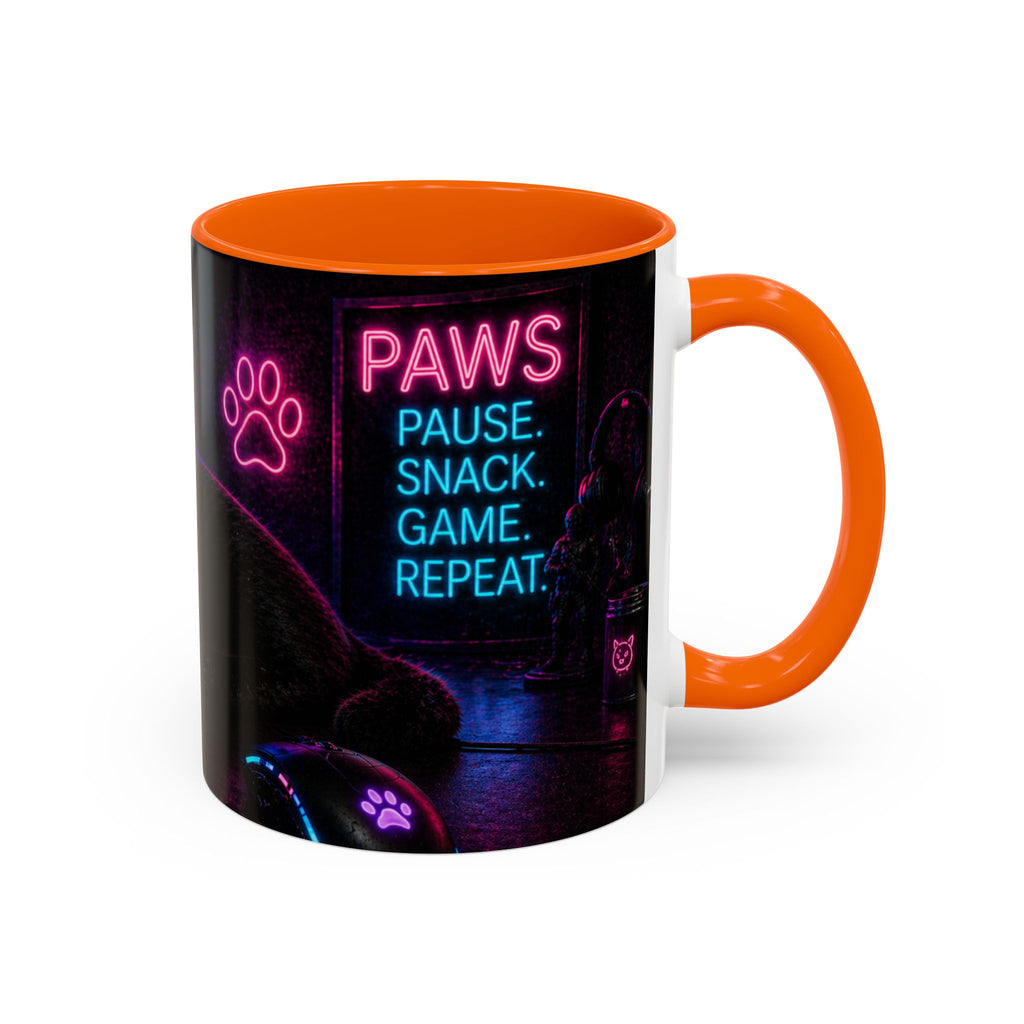 PAWS Pause Snack Game Repeat Cat Coffee Mug | Neon Gaming Cat Mug