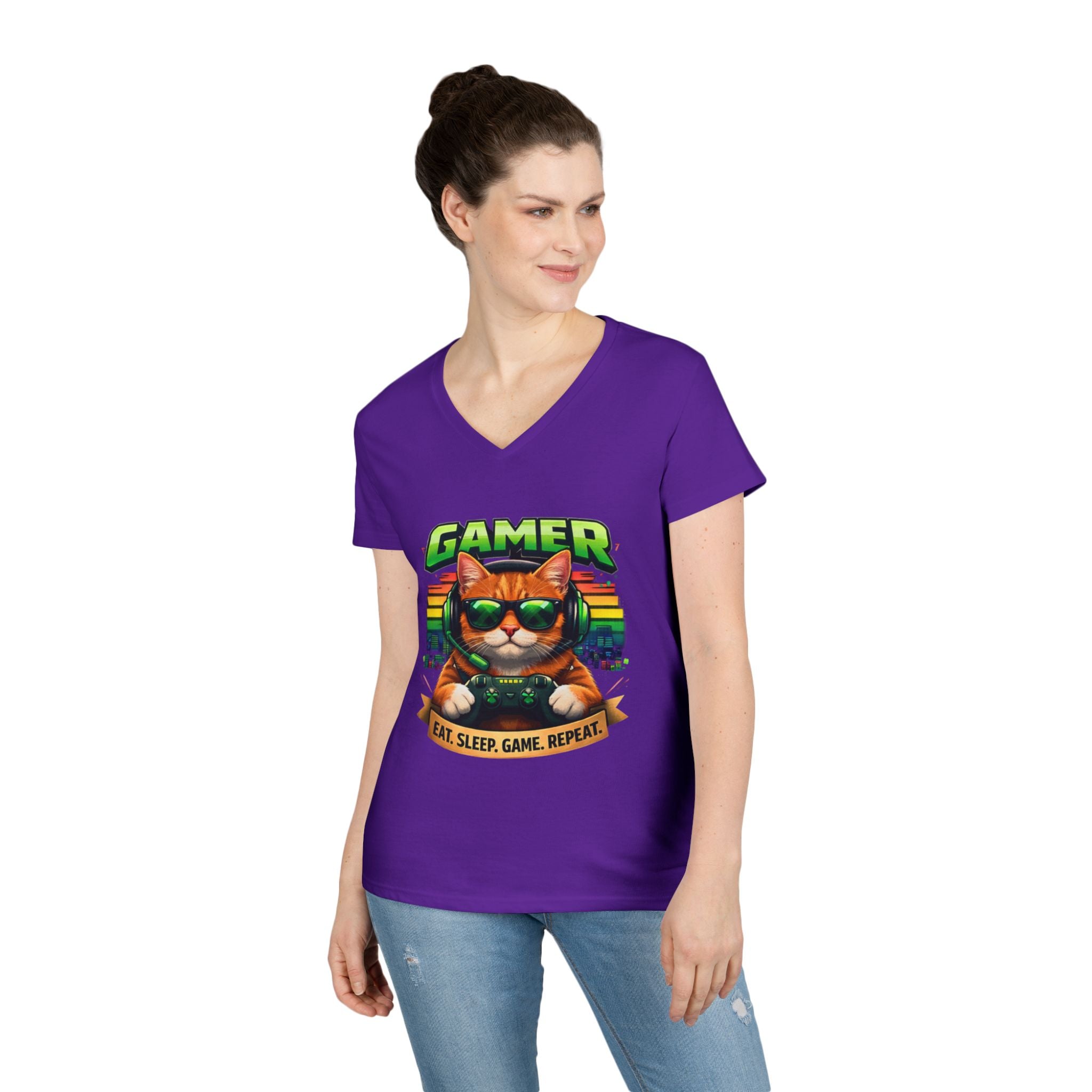 Gamer Cat Graphic Tee Ladies V-Neck T-Shirt | Retro Controller, Eat Sleep Game Repeat