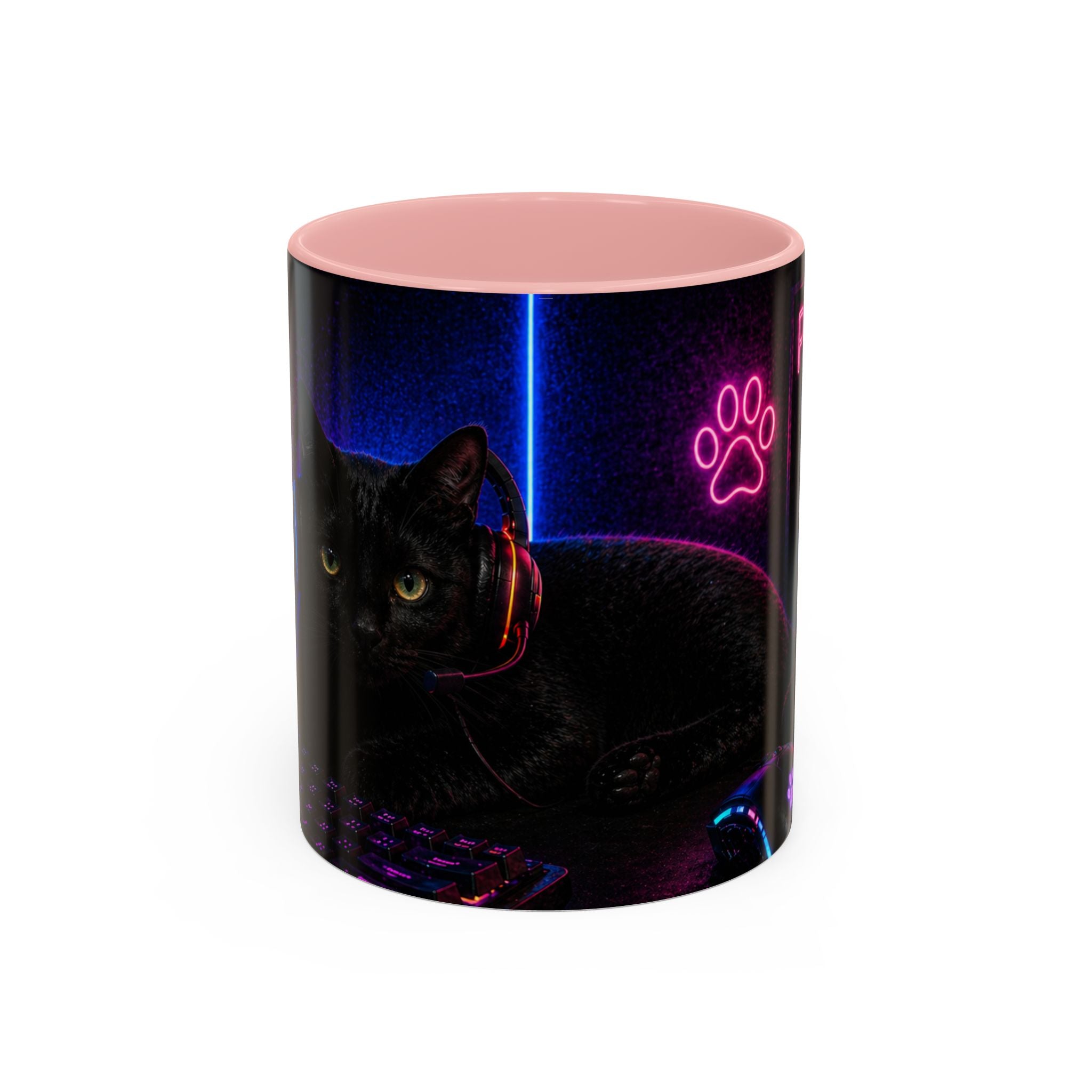 PAWS Pause Snack Game Repeat Cat Coffee Mug | Neon Gaming Cat Mug