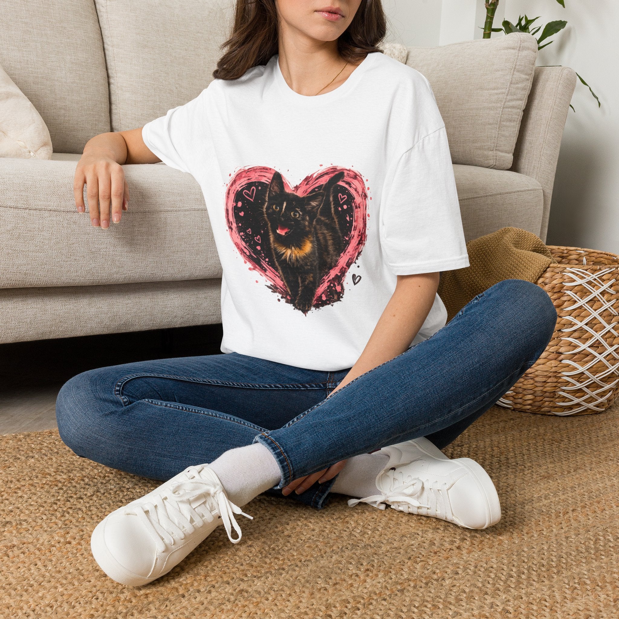 Black Cat in Pink Heart T-Shirt | Cute Cat Portrait Tee