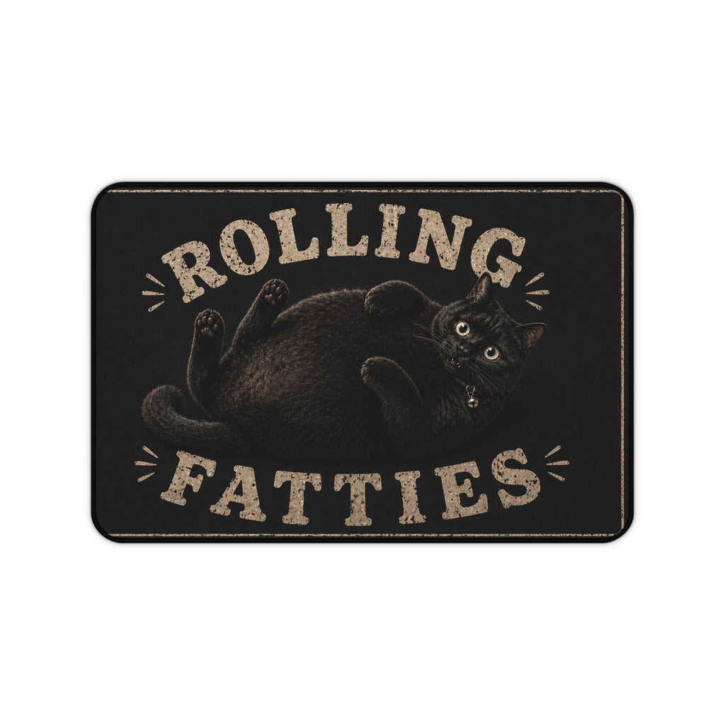 Rolling Fatties black cat illustration Desk Mat | cute chubby cat mousepad