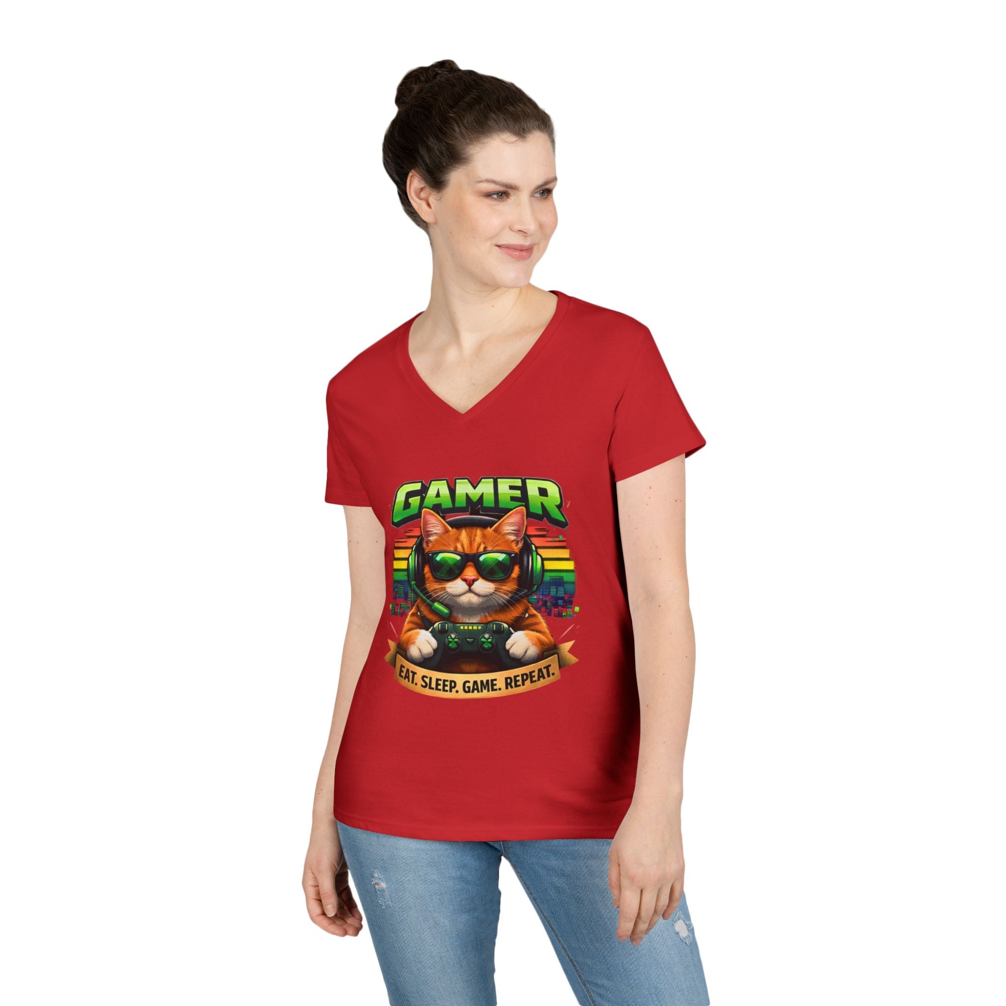 Gamer Cat Graphic Tee Ladies V-Neck T-Shirt | Retro Controller, Eat Sleep Game Repeat