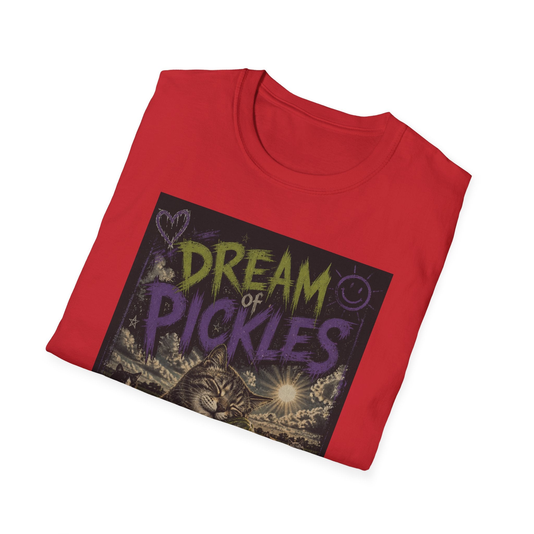 Dream of Pickles cat illustration T-Shirt | whimsical night scene, purple text