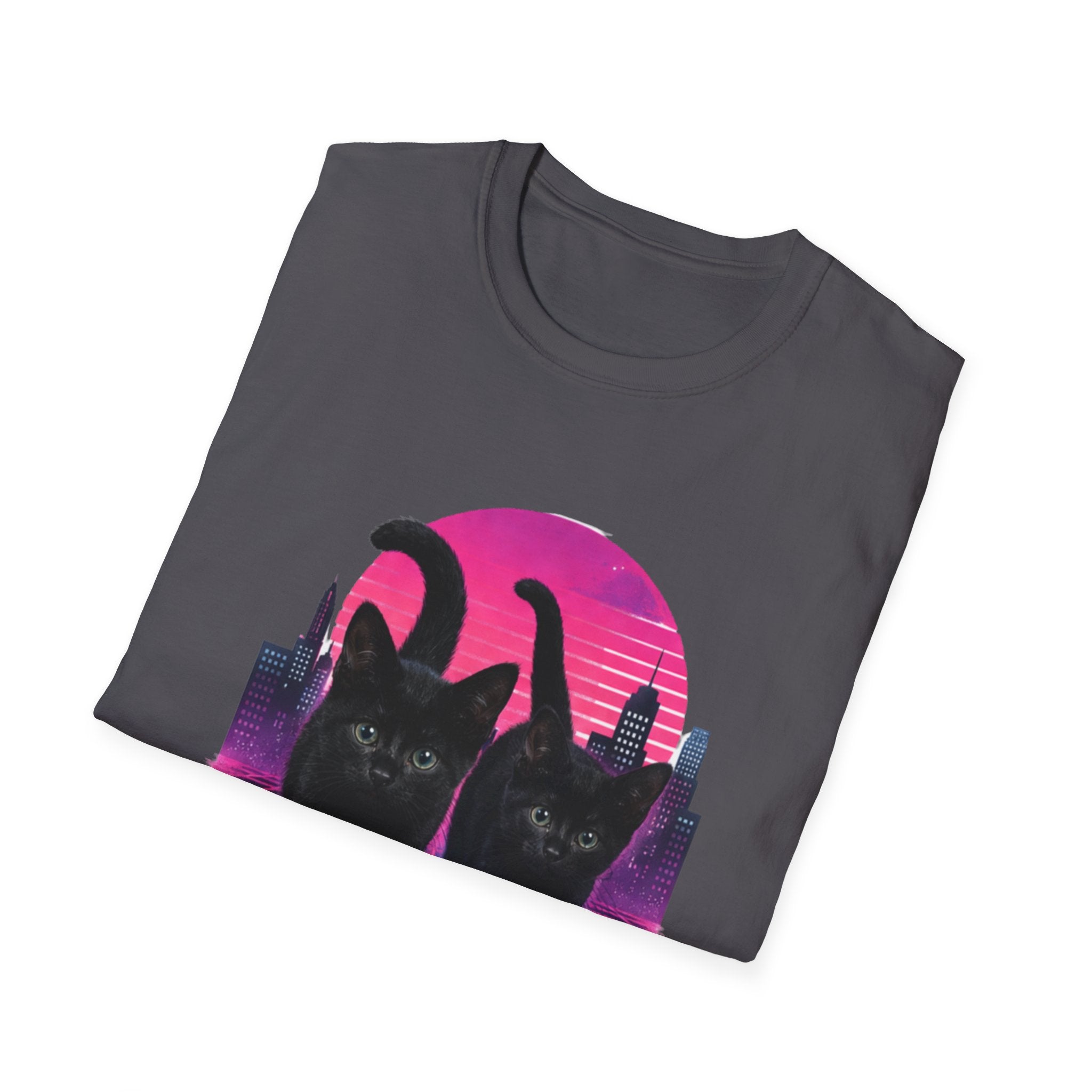 Retro Vaporwave Black Cats T-Shirt | Neon Sunset City