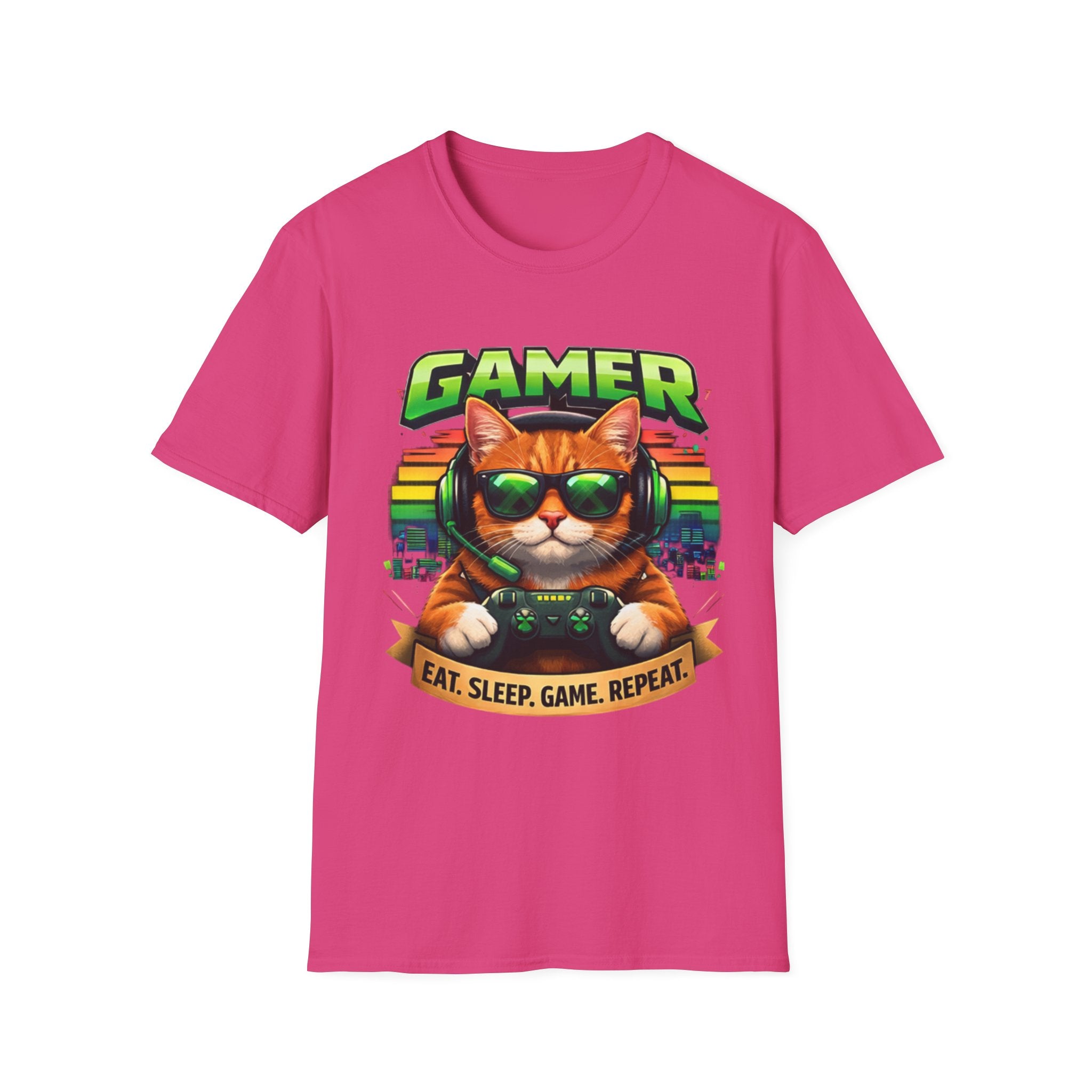 Gamer Cat with Controller T-Shirt | Eat Sleep Game Repeat
