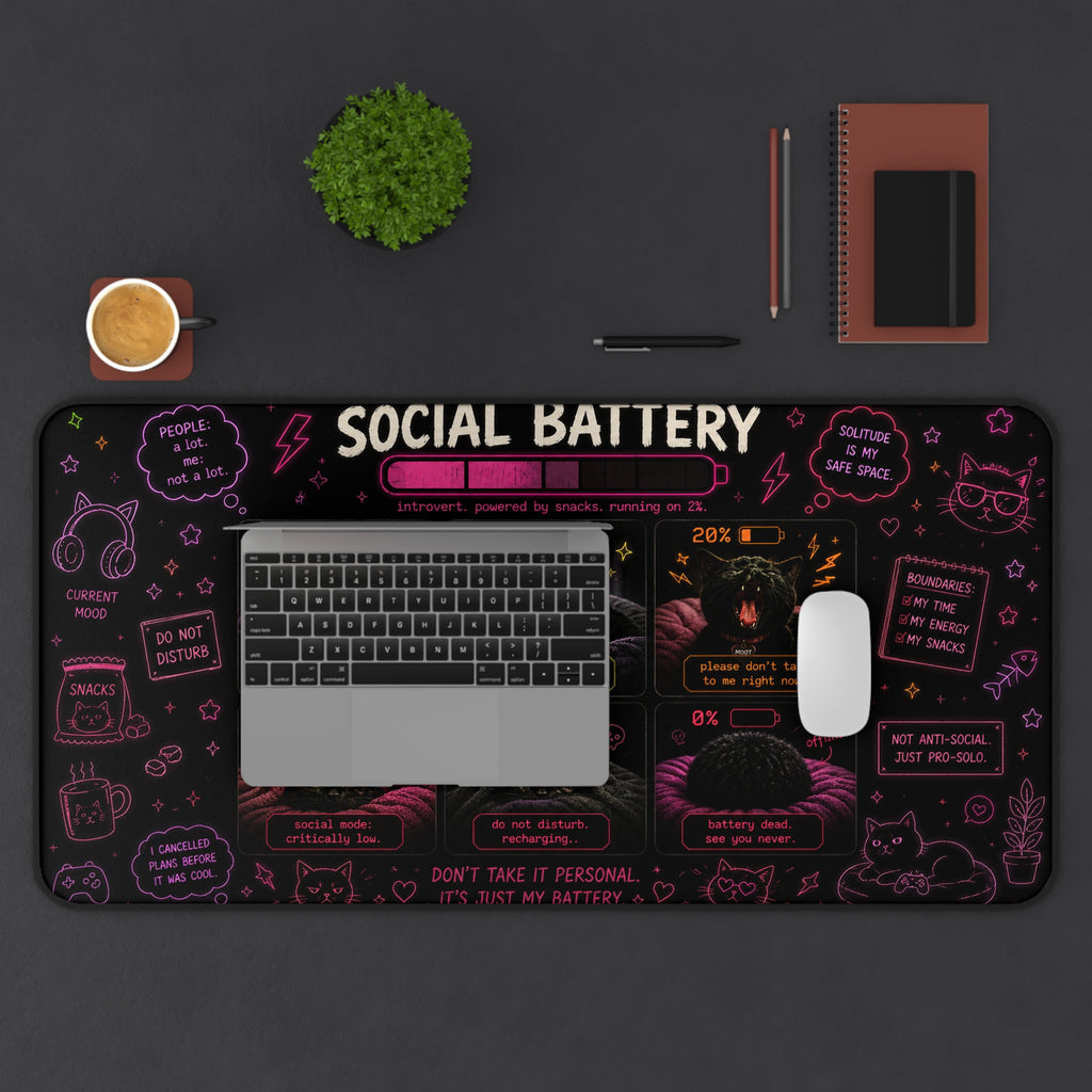 Social Battery Chart Desk Mat | Cat Battery Levels, Cute Mood Tracker