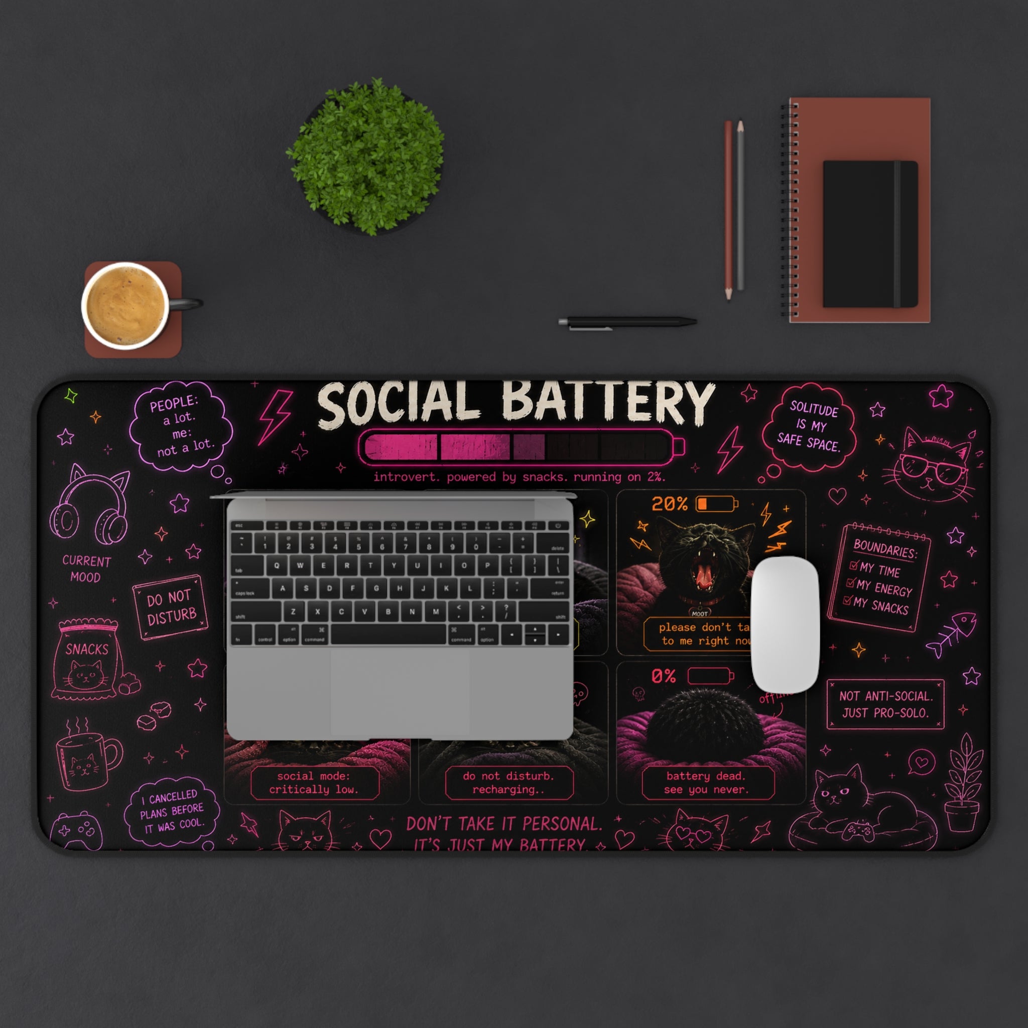 Social Battery Chart Desk Mat | Cat Battery Levels, Cute Mood Tracker