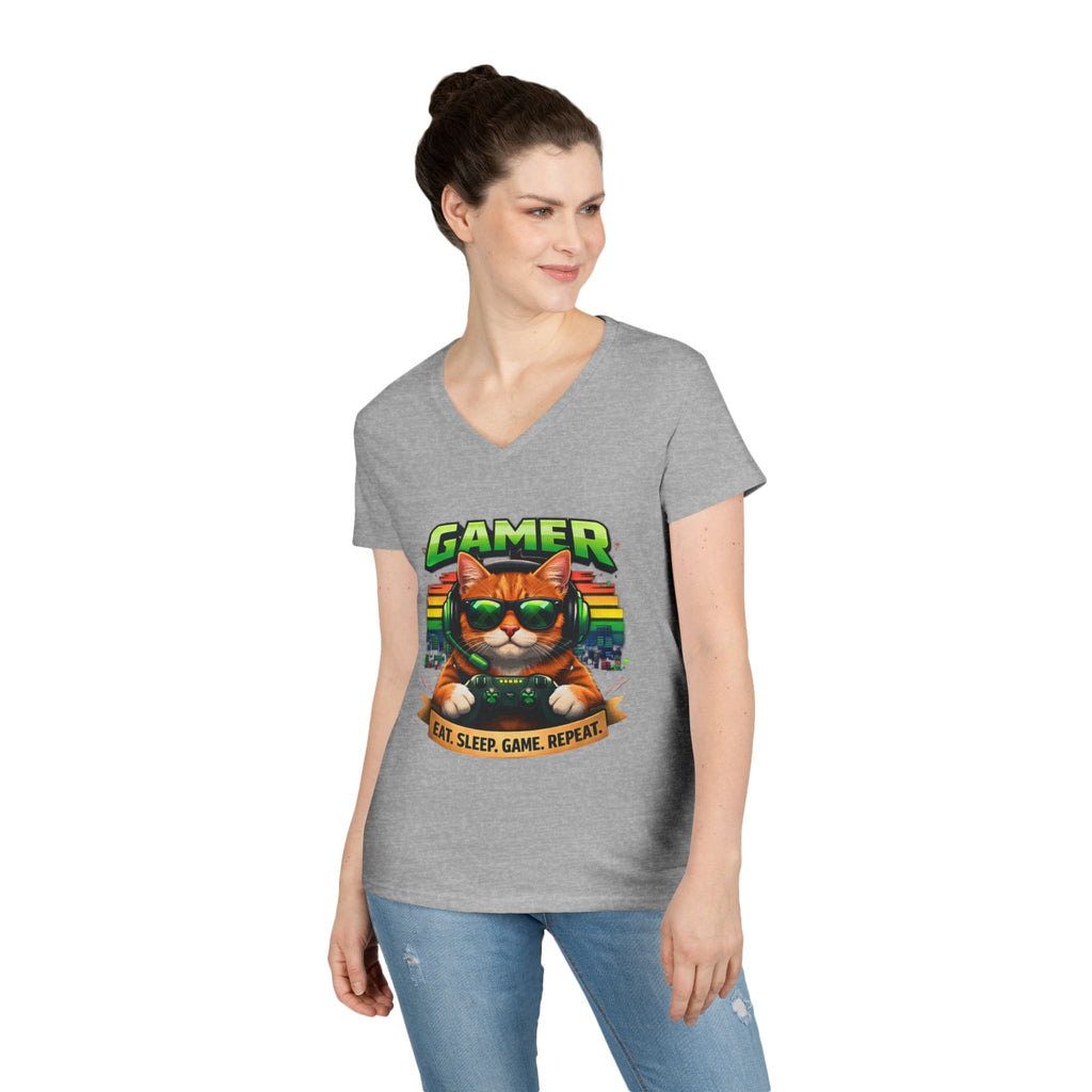 Gamer Cat Graphic Tee Ladies V-Neck T-Shirt | Retro Controller, Eat Sleep Game Repeat