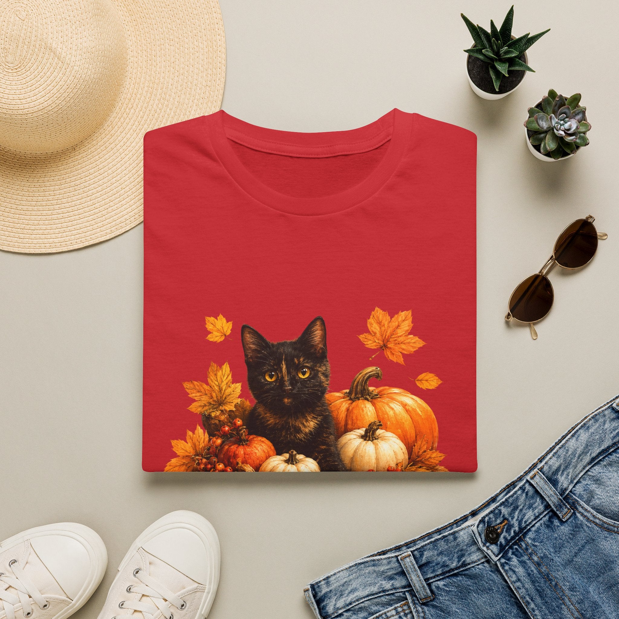 Black Kitten with Pumpkins T-Shirt | Autumn Fall Cat Pumpkin Shirt