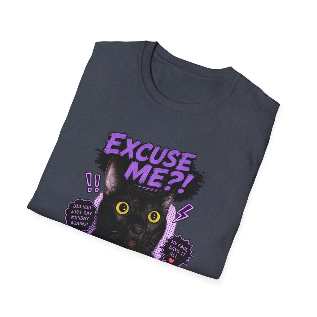 Excuse Me?! Black Cat Graphic T-Shirt | Retro Purple Horror Pop Art