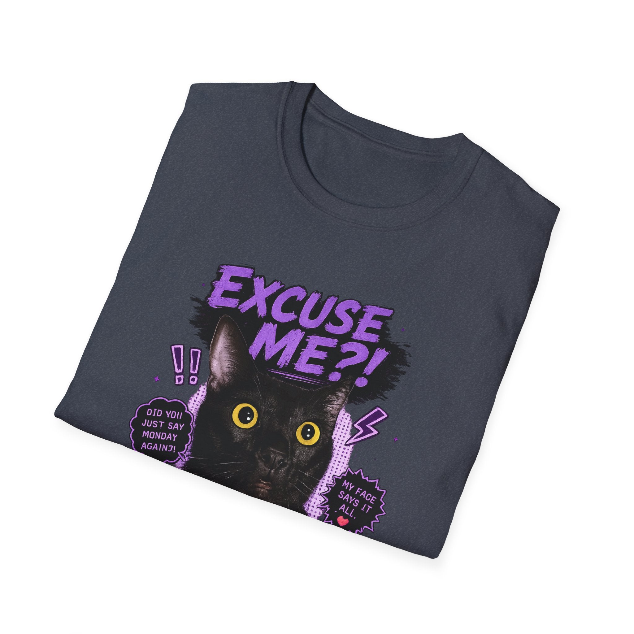 Excuse Me?! Black Cat Graphic T-Shirt | Retro Purple Horror Pop Art