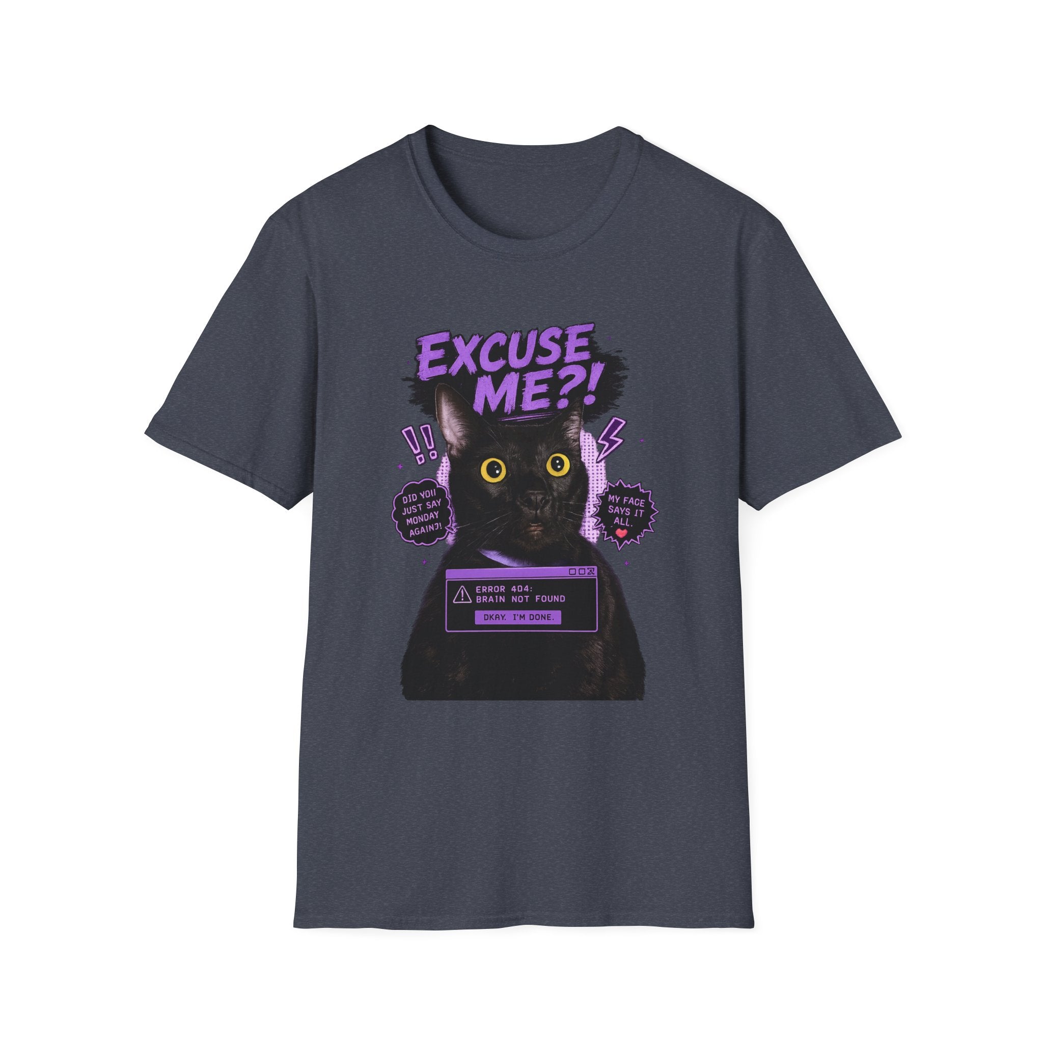 Excuse Me?! Black Cat Graphic T-Shirt | Retro Purple Horror Pop Art