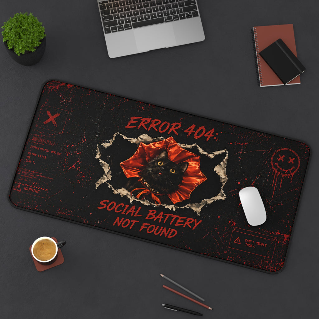 Error 404 Social Battery Not Found Desk Mat | Black Cat Desk Pad