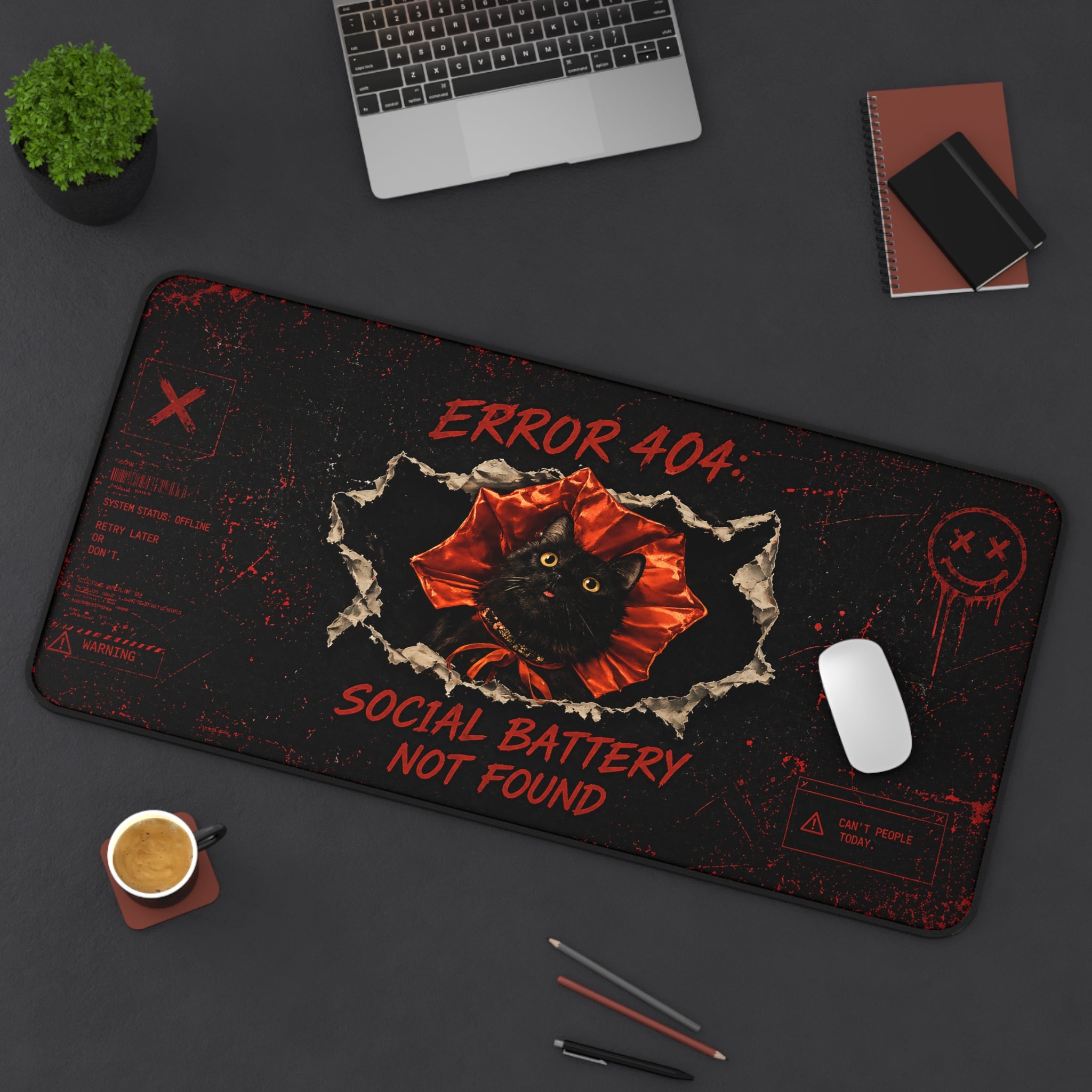 Error 404 Social Battery Not Found Desk Mat | Black Cat Desk Pad
