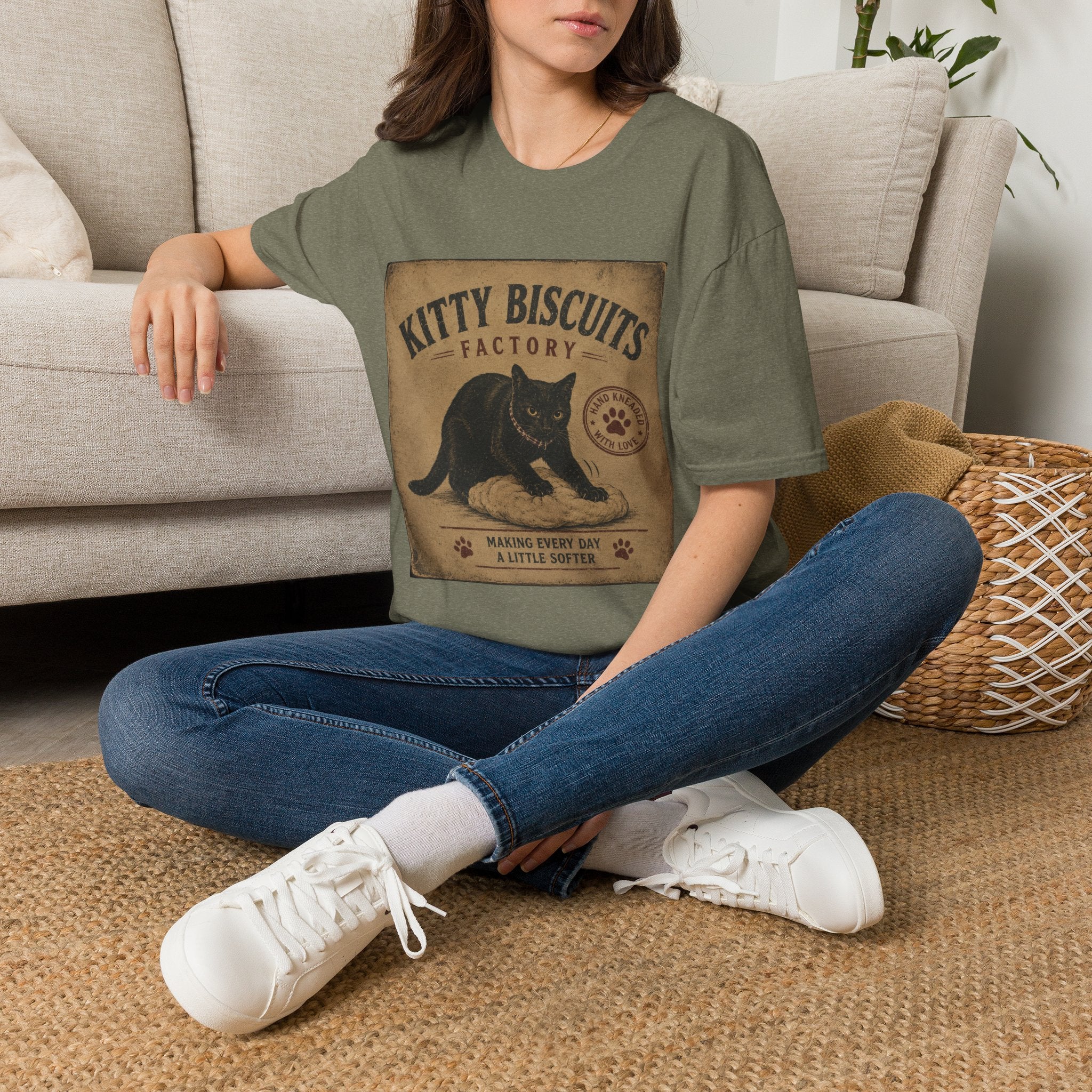 Kitty Biscuits Factory T-Shirt | Vintage Black Cat Illustration