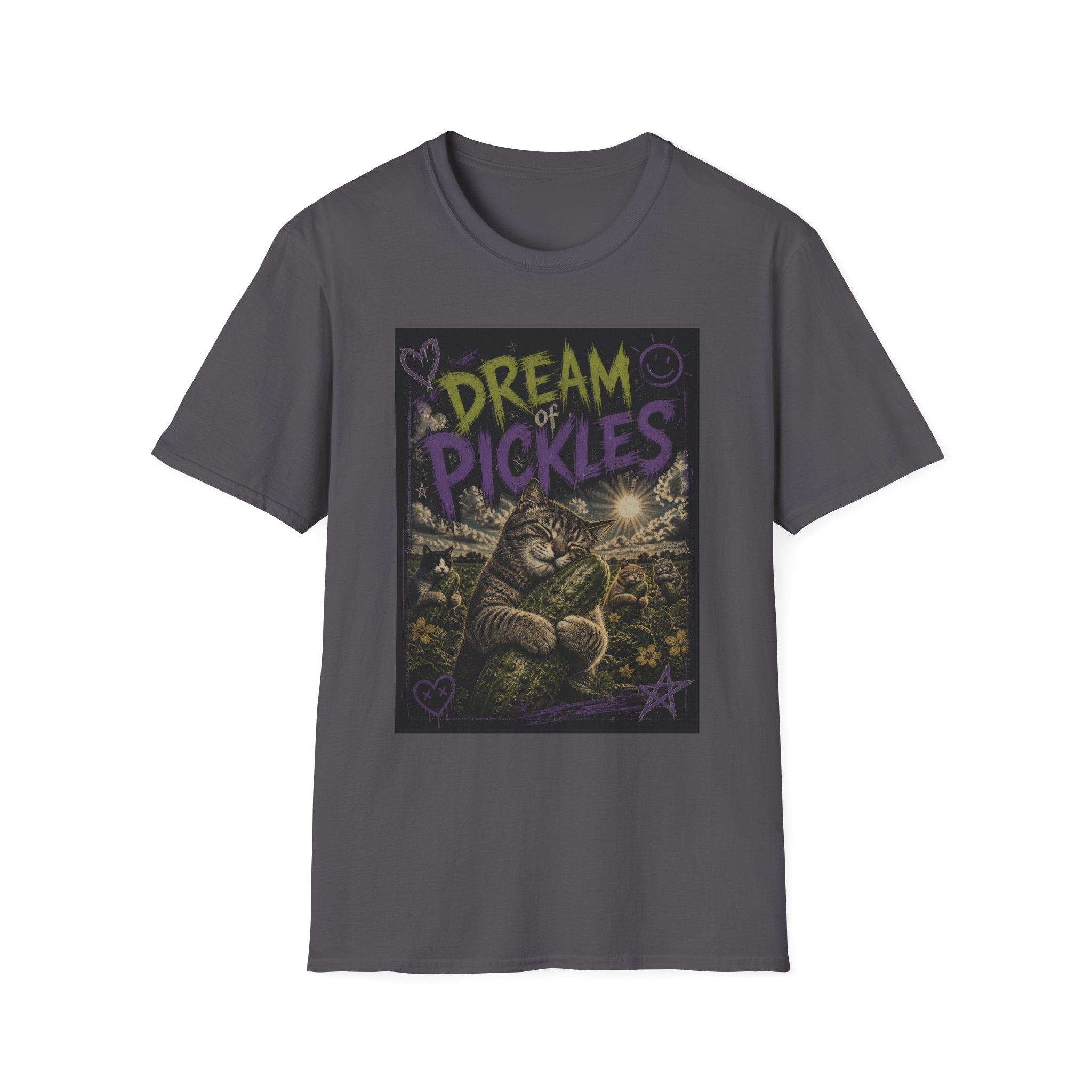 Dream of Pickles cat illustration T-Shirt | whimsical night scene, purple text