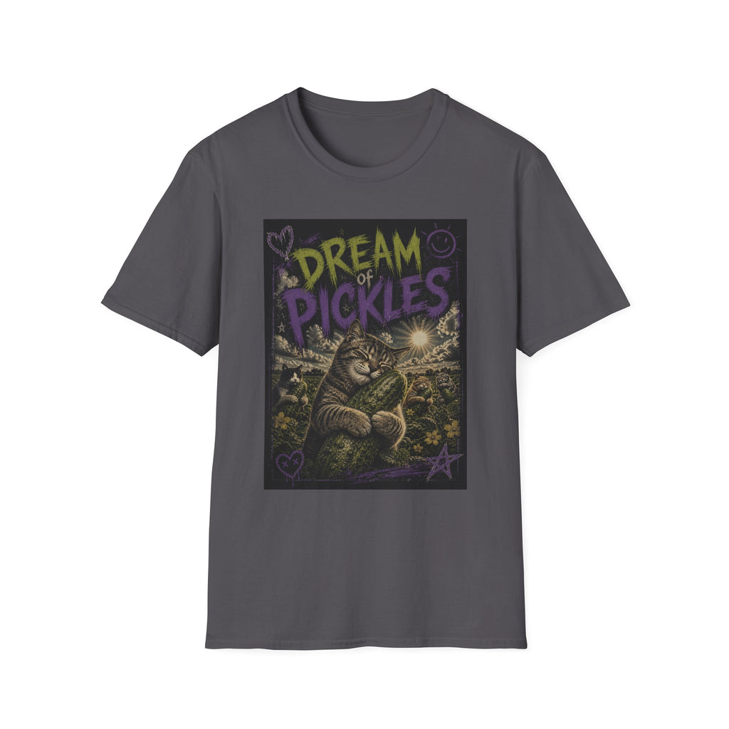 Dream of Pickles cat illustration T-Shirt | whimsical night scene, purple text